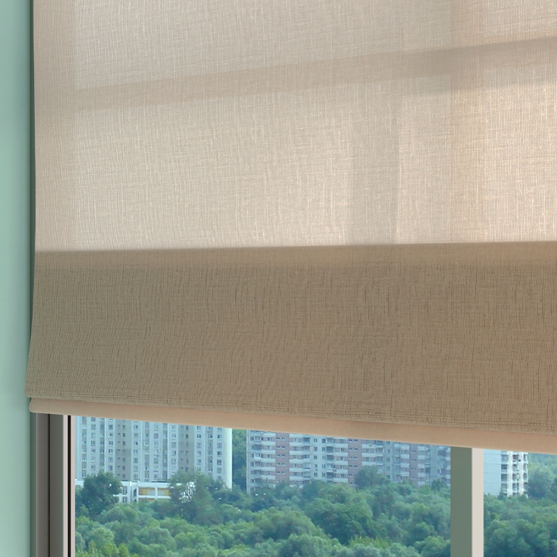 Here we show a flat linen fabric made in to a panel Roman shade. These shades are great for residential and commercial application. When you add a valance and side panels to this treatment you can really dress up the room. These shades come in an array of colors and fabrics to best match your decor.