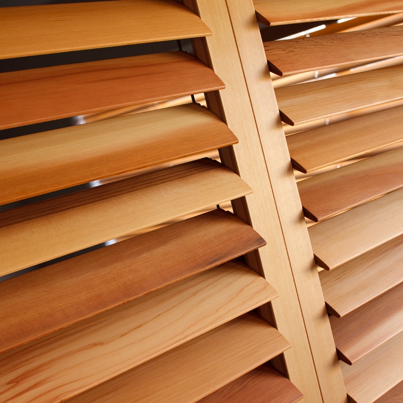 Wide 3 inch wood slat shutters are very popular today. Notice the natural wood grain on these wood slats. We can motorize the slats to open and close from the touch of a button on your handheld device. Imagine how nice these would look in your home.
